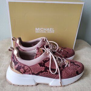 Michael Kors Cosmo Snake Embossed Leather Trainer Pink, Rose Gold, White - Sz 10
